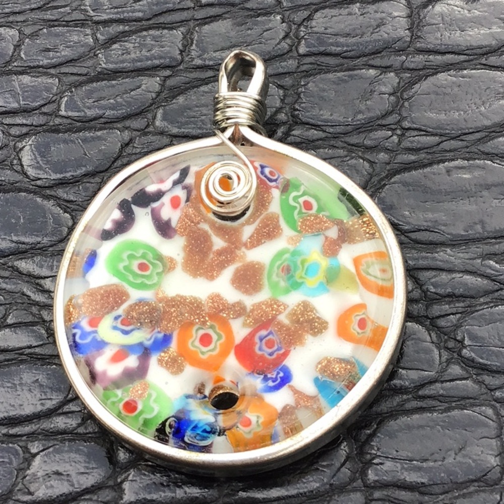 Millefiori Murano Glass Pendant Silvertone Italy Colorful Art Glass